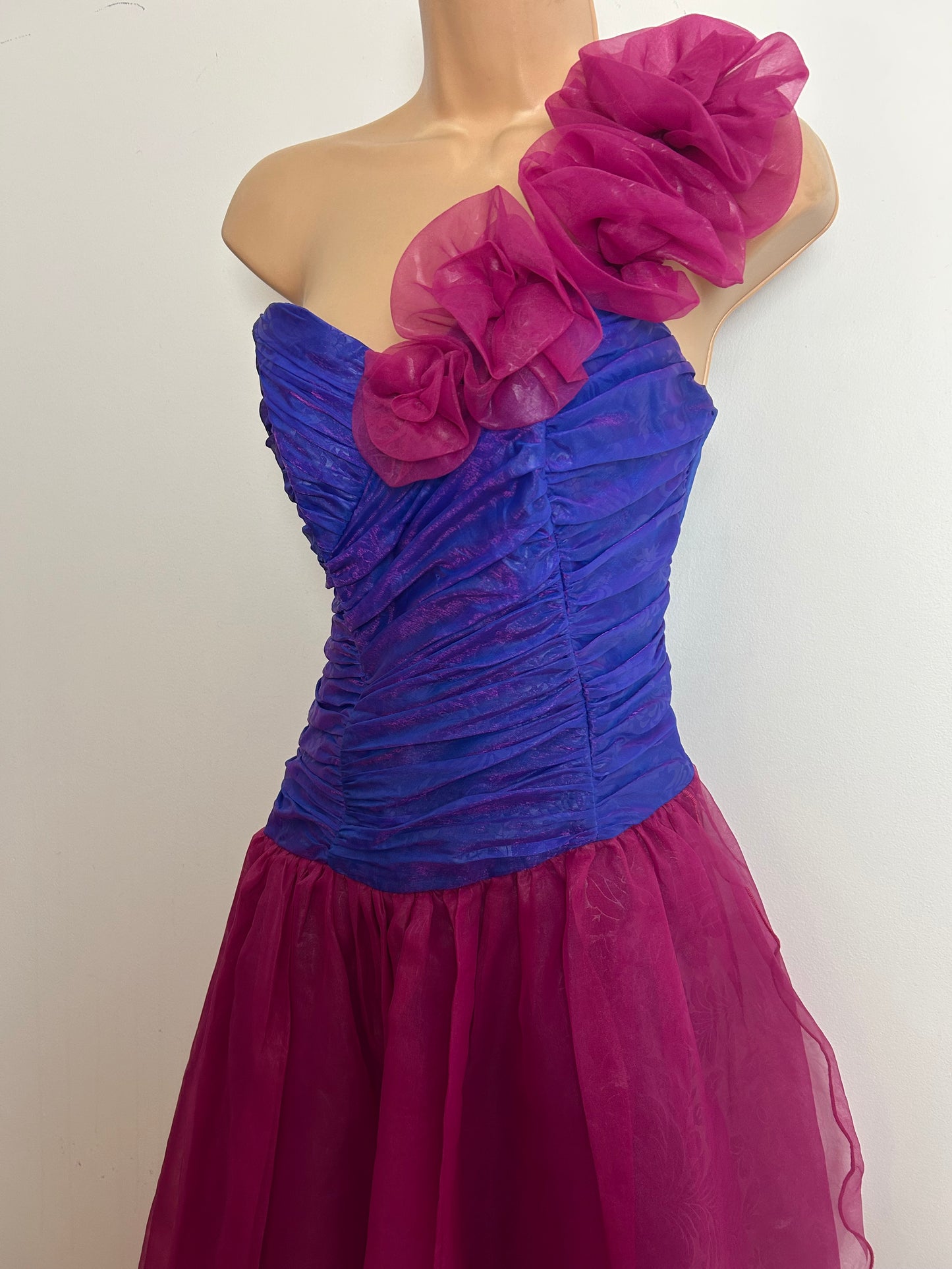 Vintage Extreme 1980s JAHN & PILL Size 10 Pink & Purple One Shoulder Party Prom Occasion Maxi Dress