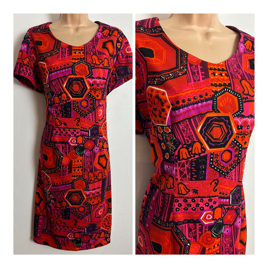 Vintage 1960s Homemade Size 14-16 Red Orange & Pink Psychedelic Print Mod Shift Dress (Couple of issues)