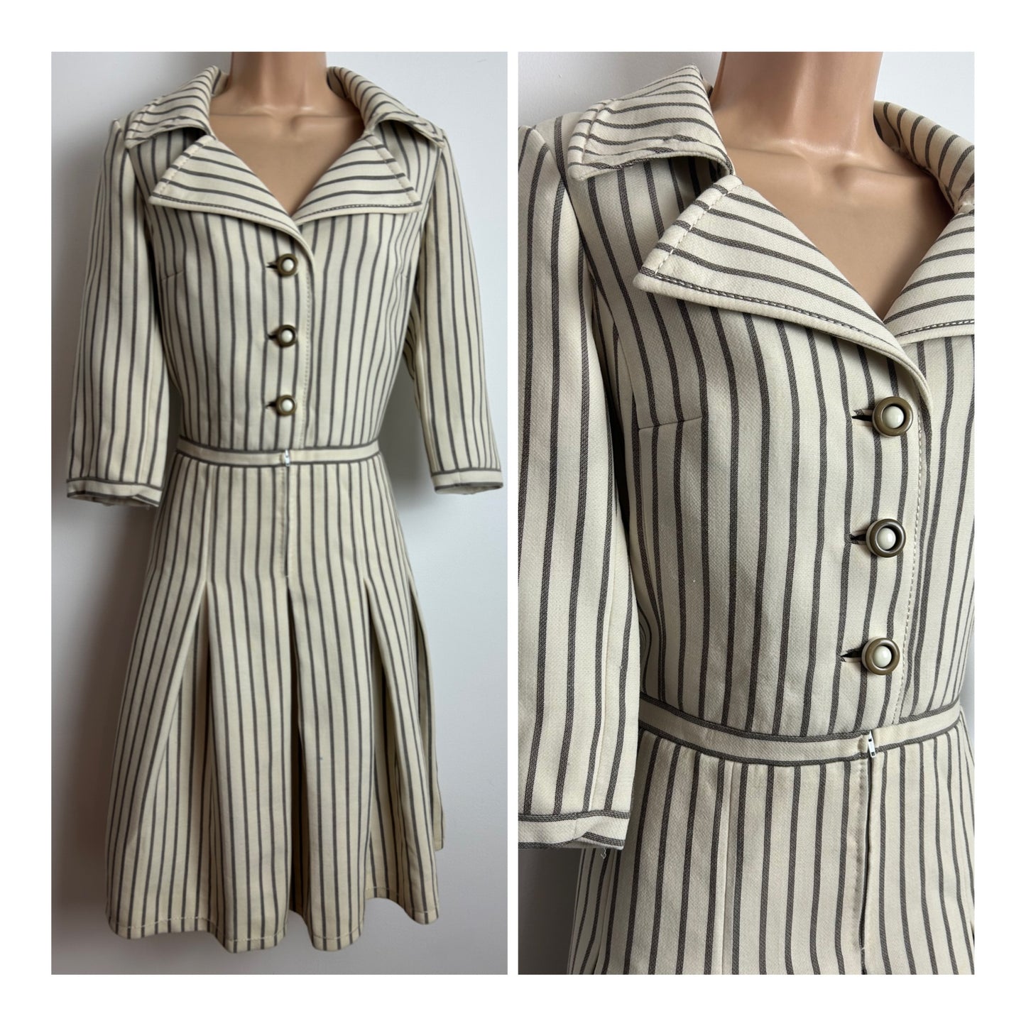 Vintage 1970s Size 12 Beige & Mocha Brown Stripe Print Wool Mix Pleated Mod Dress