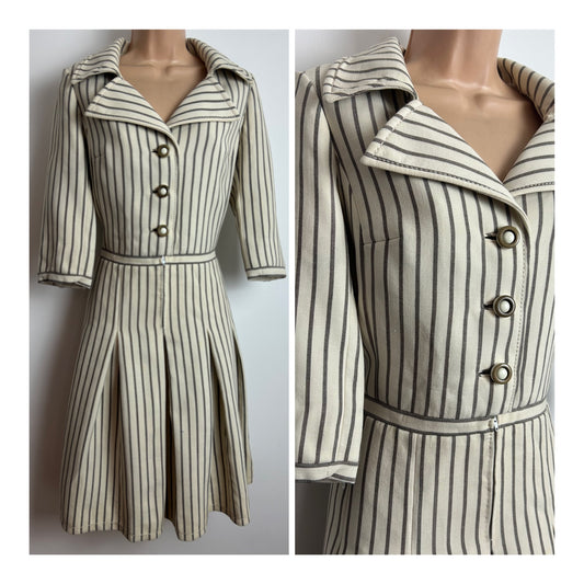 Vintage 1970s Size 12 Beige & Mocha Brown Stripe Print Wool Mix Pleated Mod Dress