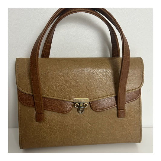 Vintage 1960s WEYMOUTH AMERICAN Camel & Tan Brown Faux Leather Kelly Style Handbag