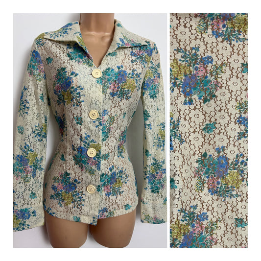 Vintage 1970s Size 8-10 Pale Cream & Blue Floral Print Lace Shirt