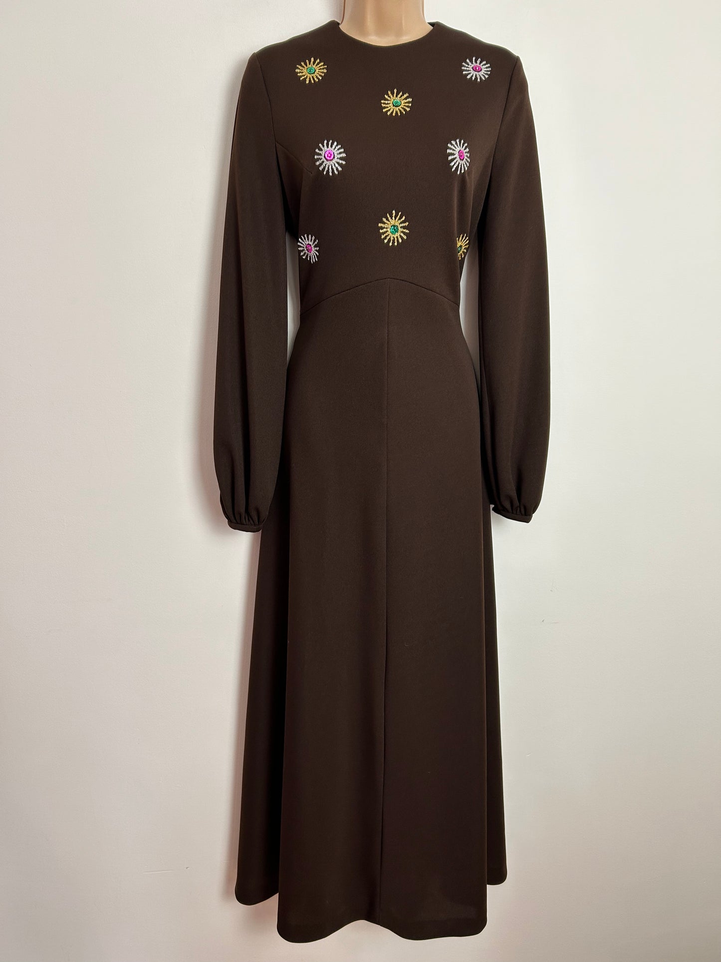 Vintage 1970s CARNEGIE OF LONDON UK Size 10-12 Chocolate Brown Gold & Silver Embroidered Detail Occasion Maxi Dress