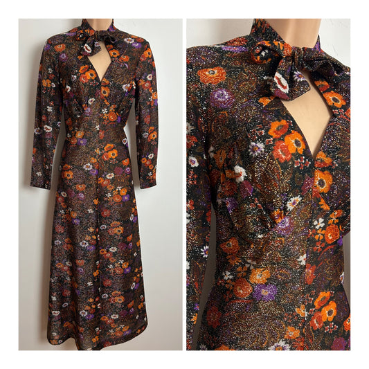 Vintage 1970s Size 14 Black & Orange Floral Print Lurex Tie Neck Long Sleeve Evening Party Maxi Dress