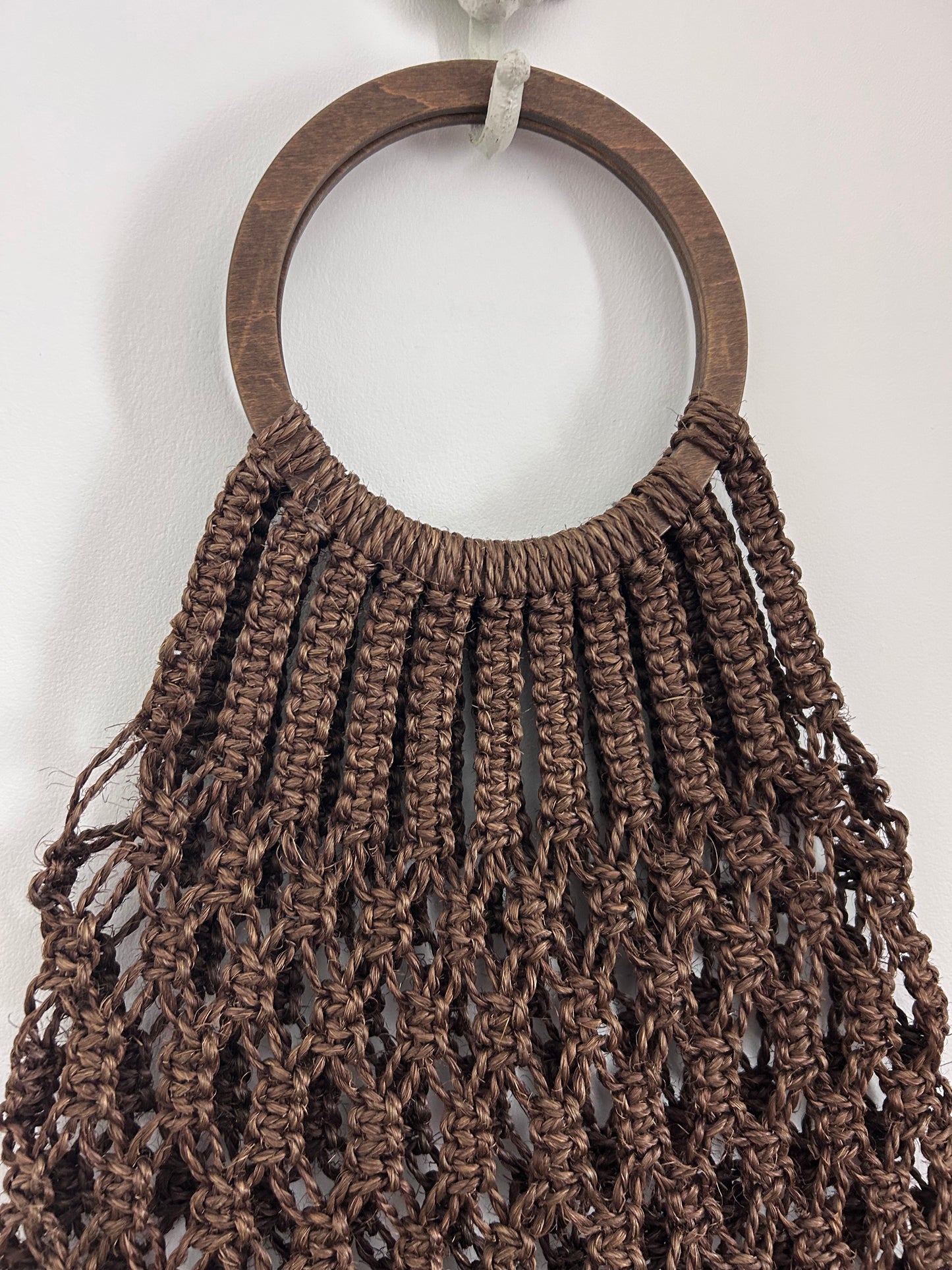 Vintage 1970s Large Dark Brown Hessian String Macrame Woven Shopping Bag With Wooden Handles