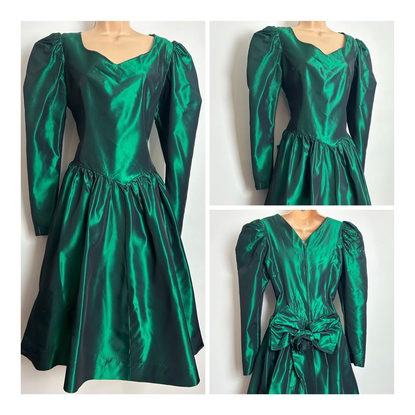 Vintage 1980s GLENDA WHITE Size 12-14 Bottle Green Taffeta Long Sleeve Bow Back Xmas Party Dress
