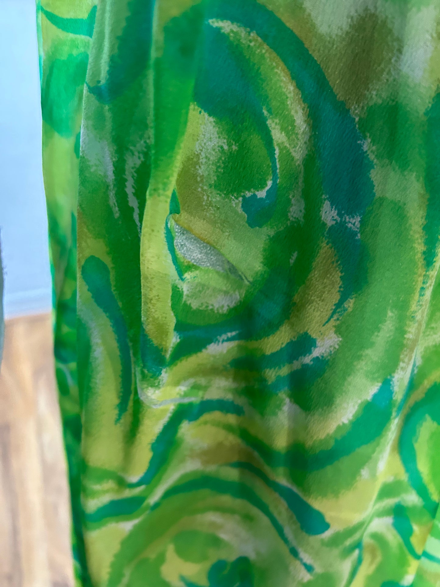 Vintage 1970s UK Size 12 Green Tones Abstract Print Wrap Tie Waist Long Sleeve Maxi Dress