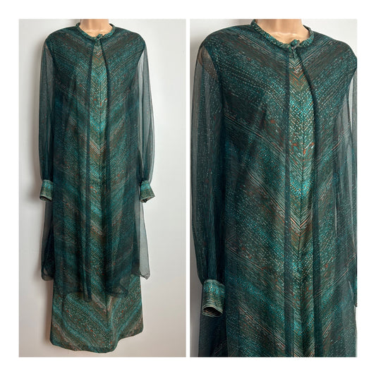 Vintage 1970s Size 10 Dark Green Turquoise & Orange Spot & Dash Print Chiffon Outer Layer Long Sleeve Maxi Dress