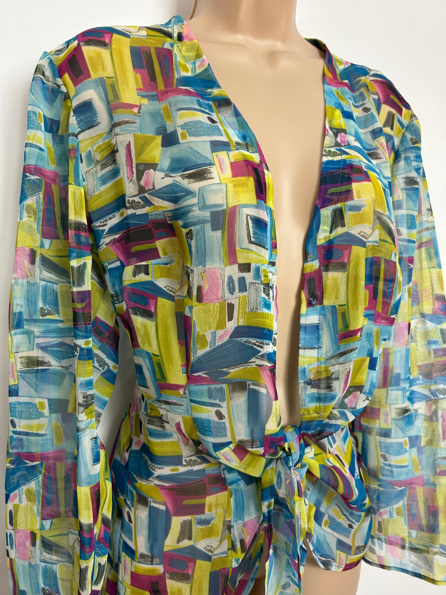 Vintage 1980s Size 12 Blue Pink & Yellowy Green Abstract Print Semi Sheer Tie Front Cover Up Top