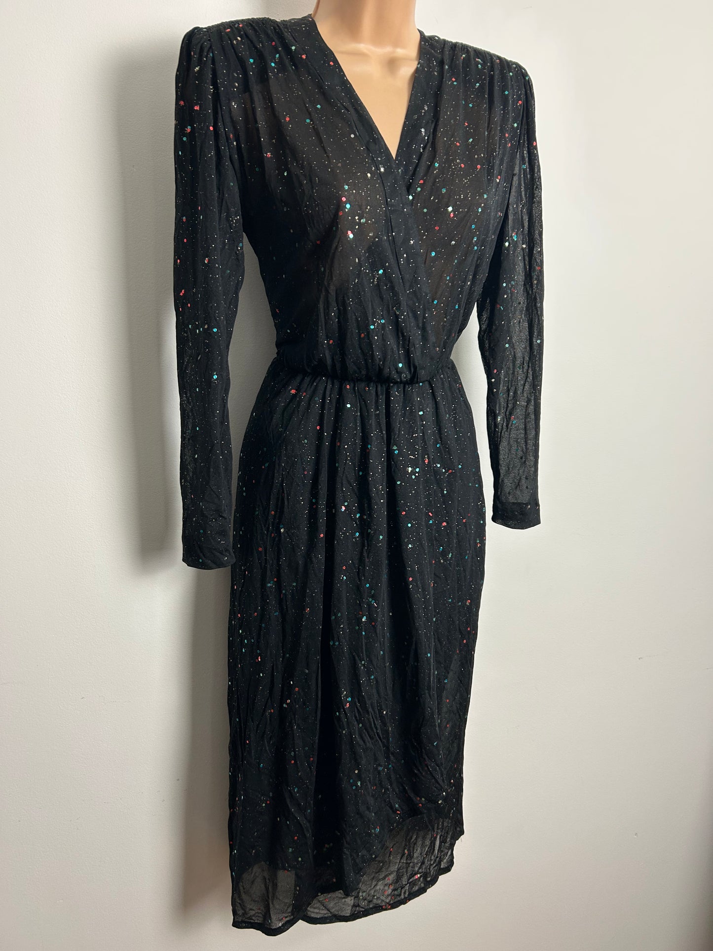 Vintage 1980s Size 10-12 Black Gold Glitter & Sequin Detail Midi Party Dress