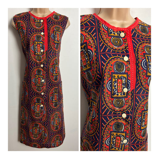 Vintage 1960s UK Size 10-12 Navy Blue Red & Mustard Abstract Print Cotton Sleeveless Shift Dress