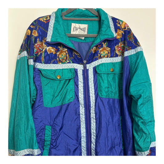 Vintage 1980s ACTIVE FRONTIER Size L (Up To Size 16) Blue & Green Baroque Novelty Print Shell Suit Jacket