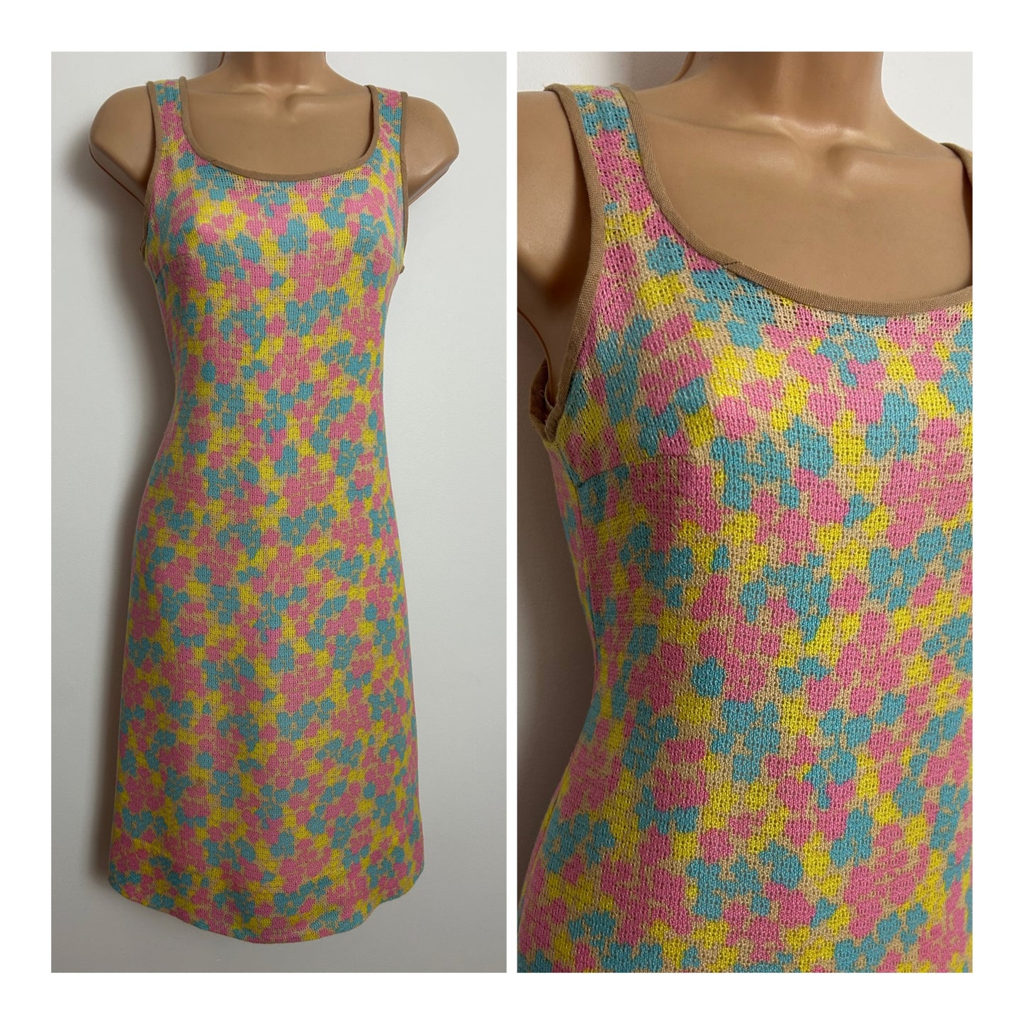 Vintage 1960s Size 6 Beige Pink Blue & Yellow Abstract Print Knitted Day Dress