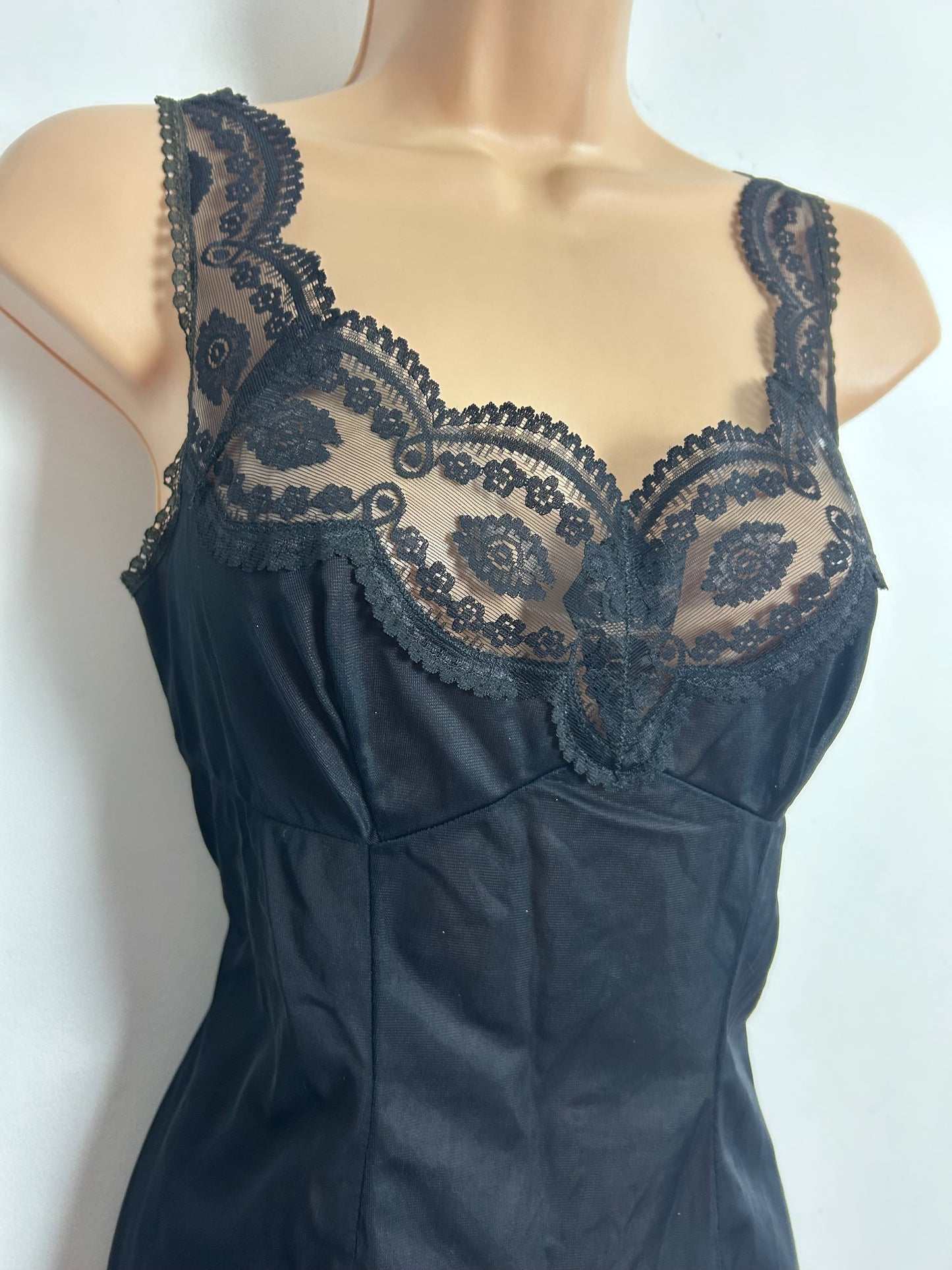 Vintage Size 10 Pretty Black Lace Detail Nylon Camisole