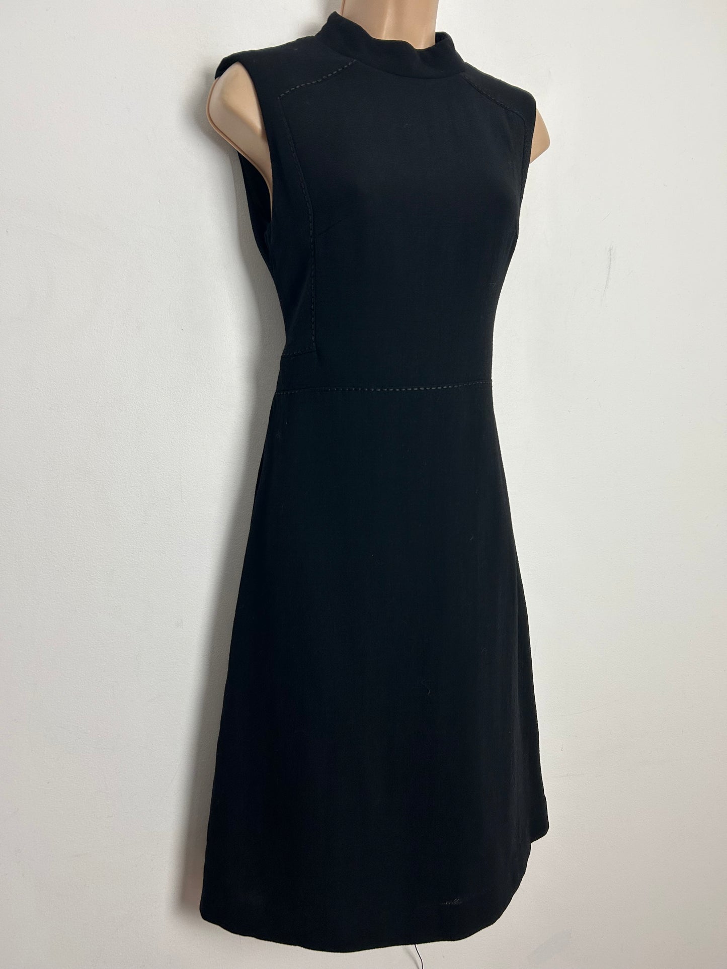 Vintage 1960s UK Size 8 Black Pure New Wool Stitch Detail Mod Shift Dress