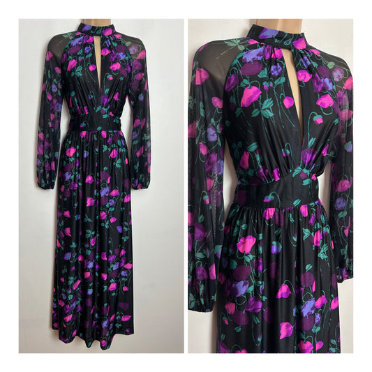 Vintage 1970s BERKERTEX UK Size 8 Black Pink Purple & Green Floral Print Keyhole Long Sleeve Maxi Dress