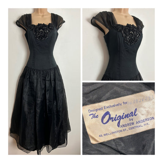 Vintage Early 1960s THE ORIGINAL BY ANDREW ANDERSON UK Size 6-8 Black Chiffon Sequin Detail Party Prom Maxi Length Ballgown