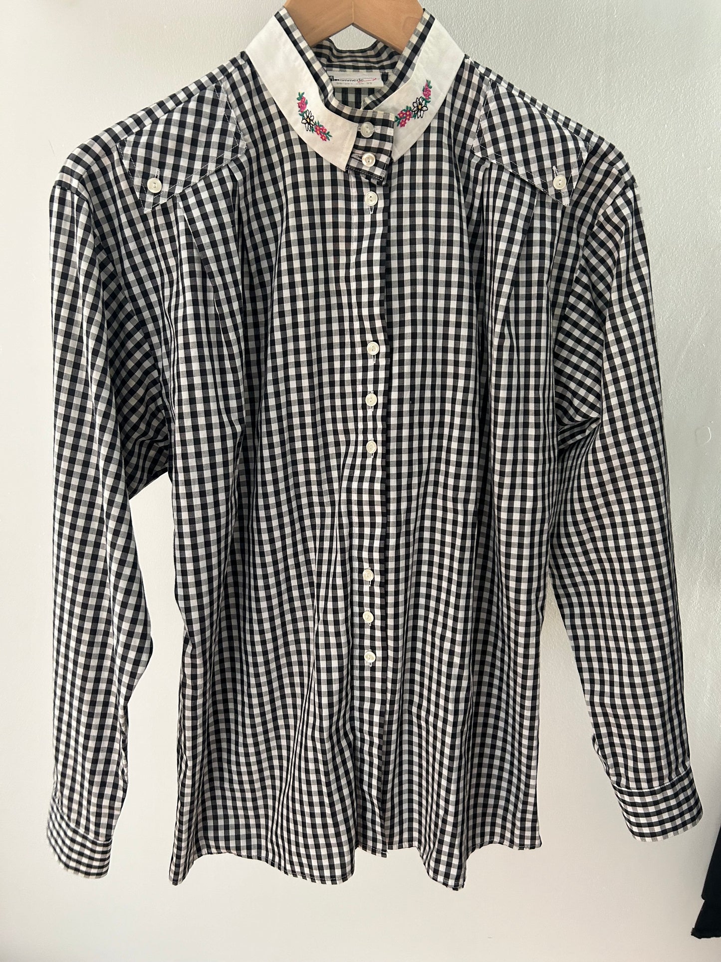 Vintage 1980s UK Size 14 Black & White Gingham Check Cotton Long Sleeve Embroidered Cotton Detail Shirt