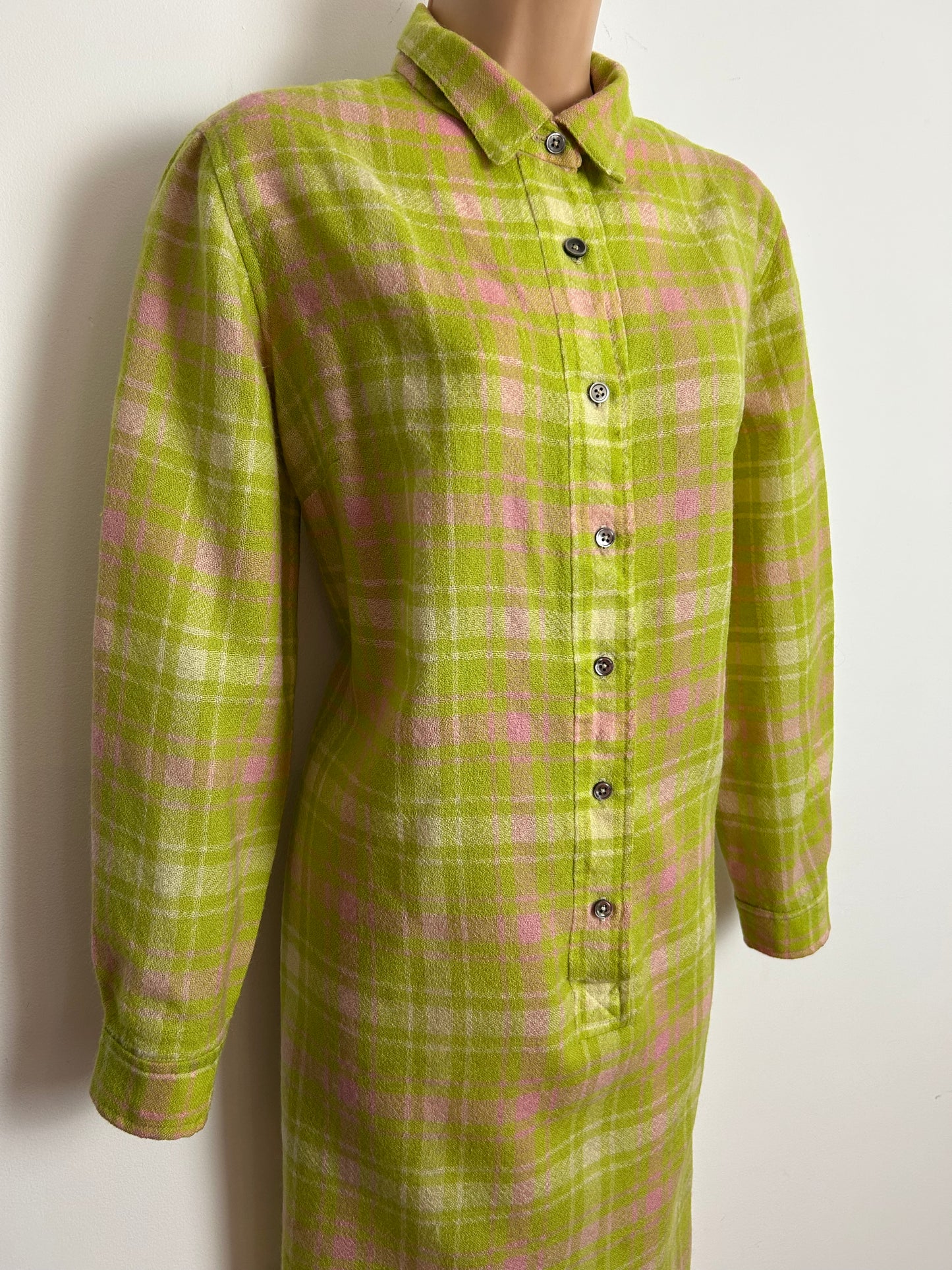 Vintage 1970s PETER COLLINS Size 14-16 Lime Green & Pink Check Long Sleeve Shirt Style Dress