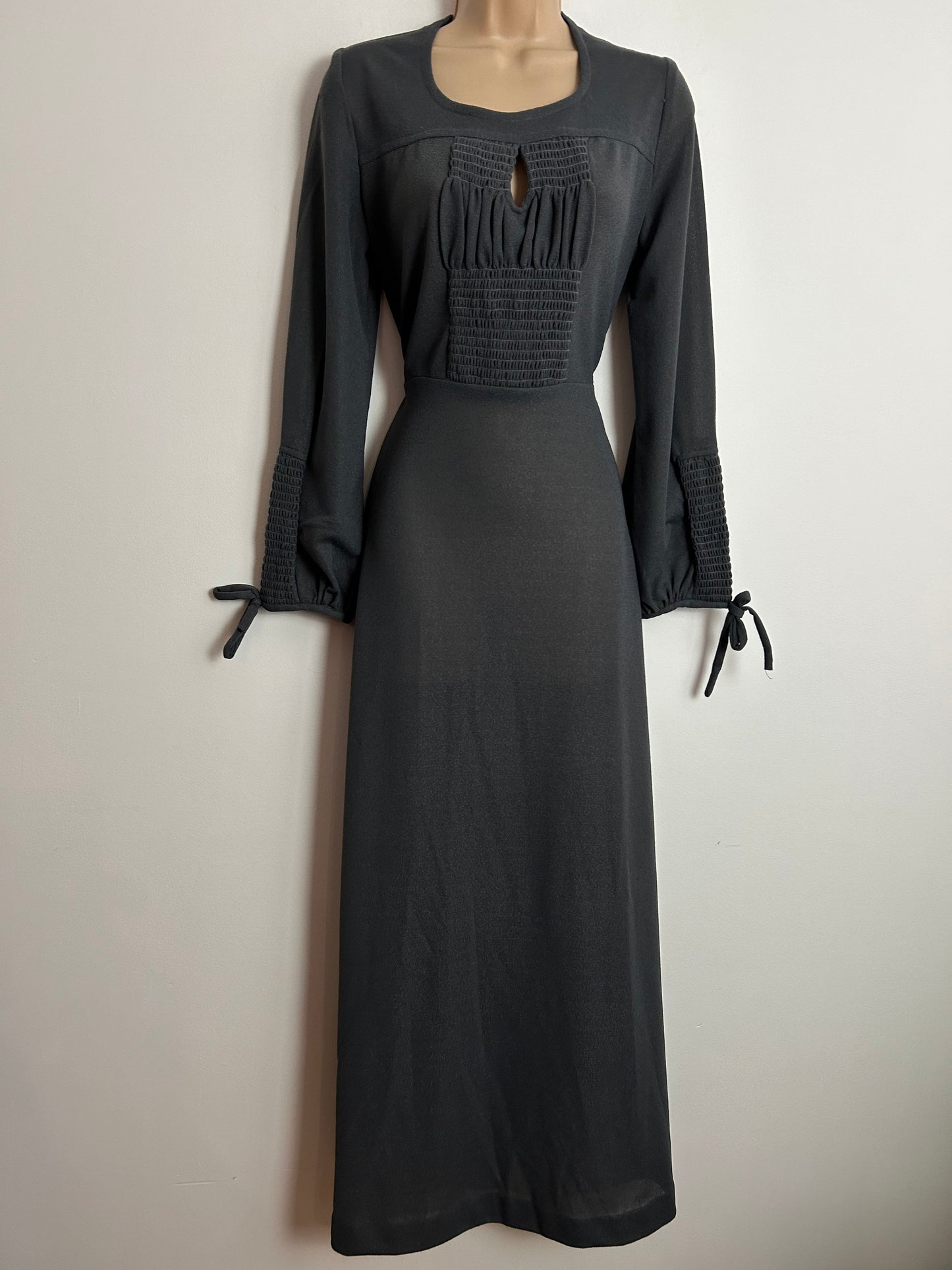 Vintage 1970s UK Size 10 Slate Grey Shirred Detail Keyhole Detail Long Sleeve Boho Maxi Dress