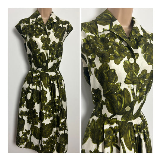 Vintage 1950s Size 14 Green & Off White Floral Print Cotton Pleated Day Dress