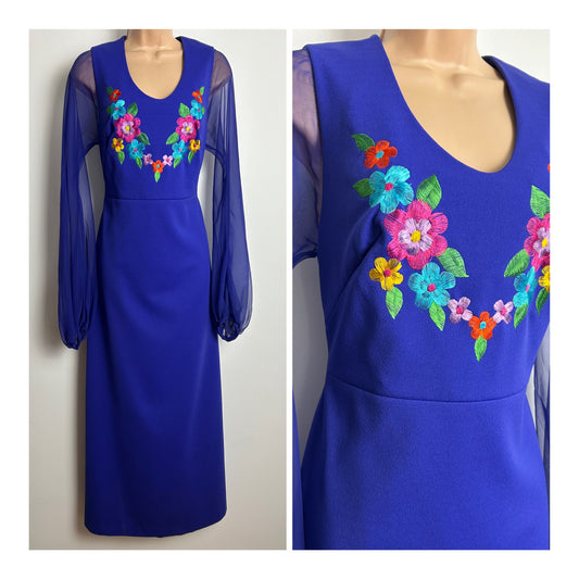 Vintage 1970s Size 12 Purple Floral Embroidered Detail Long Chiffon Sleeve Maxi Dress