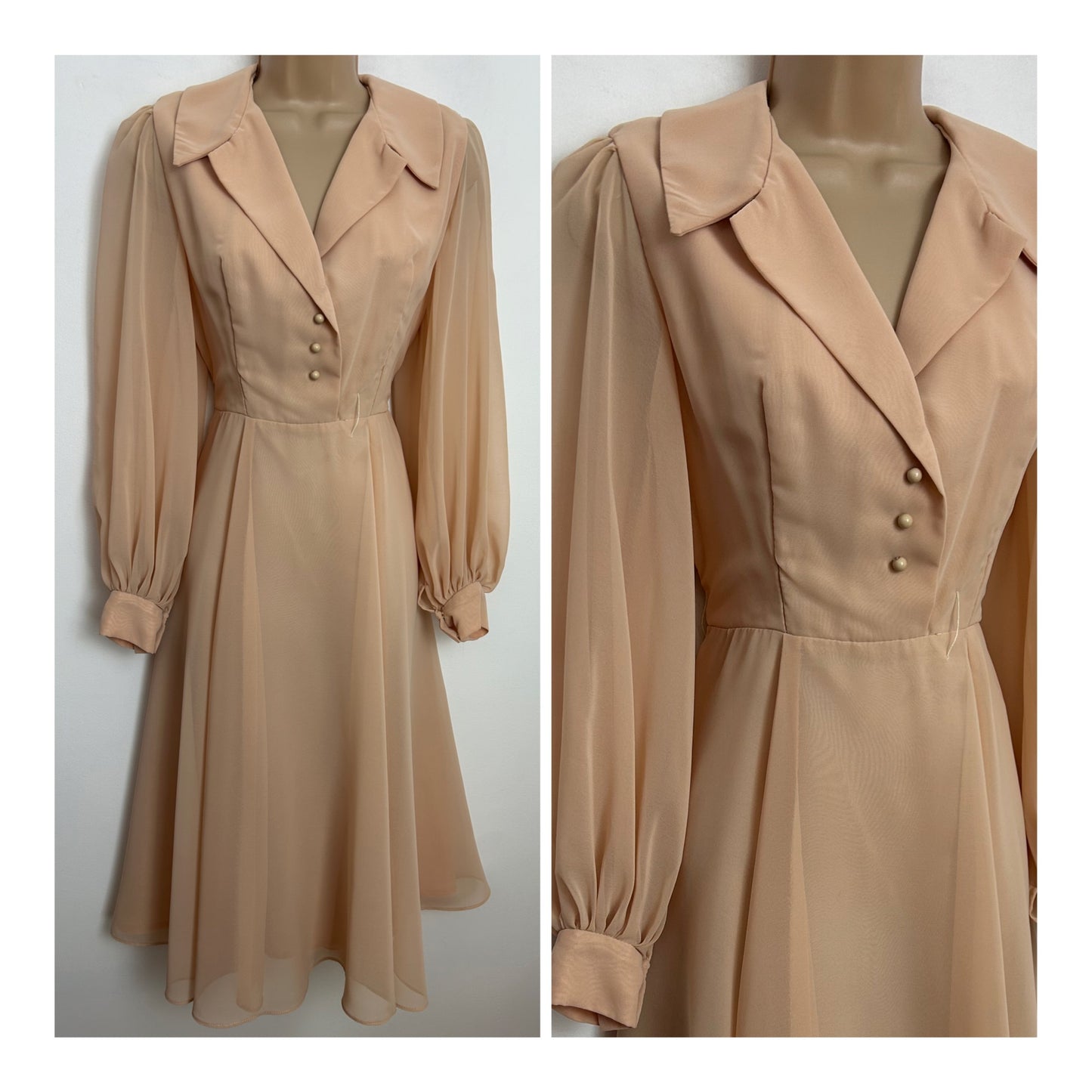 Vintage 1970s Size 10 AFTER SIX BY ROLAND JOYCE Size 10 Nude Beige Long Sleeve Occasion Dress