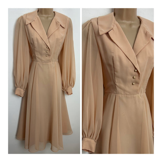 Vintage 1970s Size 10 AFTER SIX BY ROLAND JOYCE Size 10 Nude Beige Long Sleeve Occasion Dress