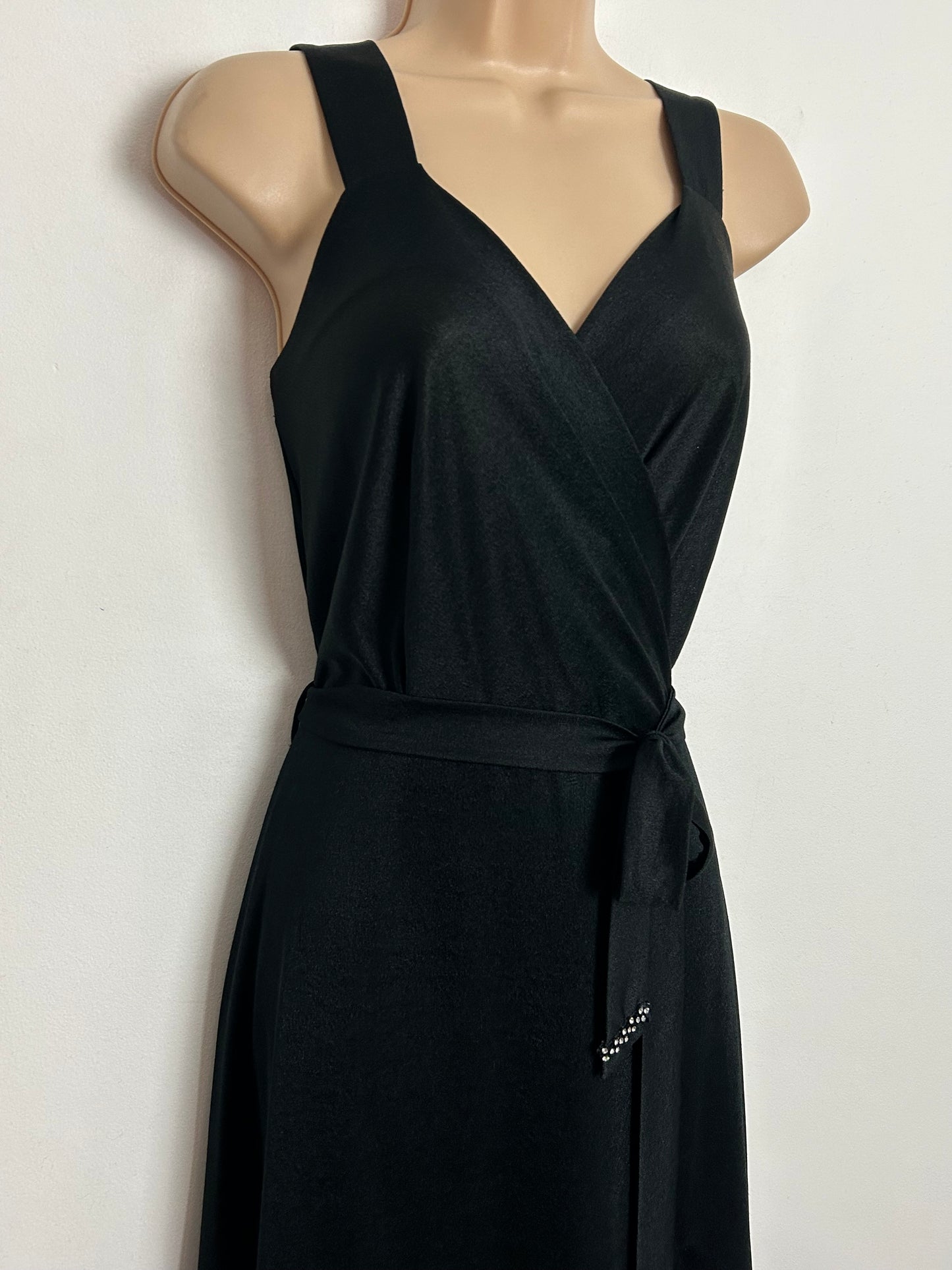 Vintage 1970s UK Size 12 Black Sweetheart Surplice Neck Belted Occasion Maxi Dress