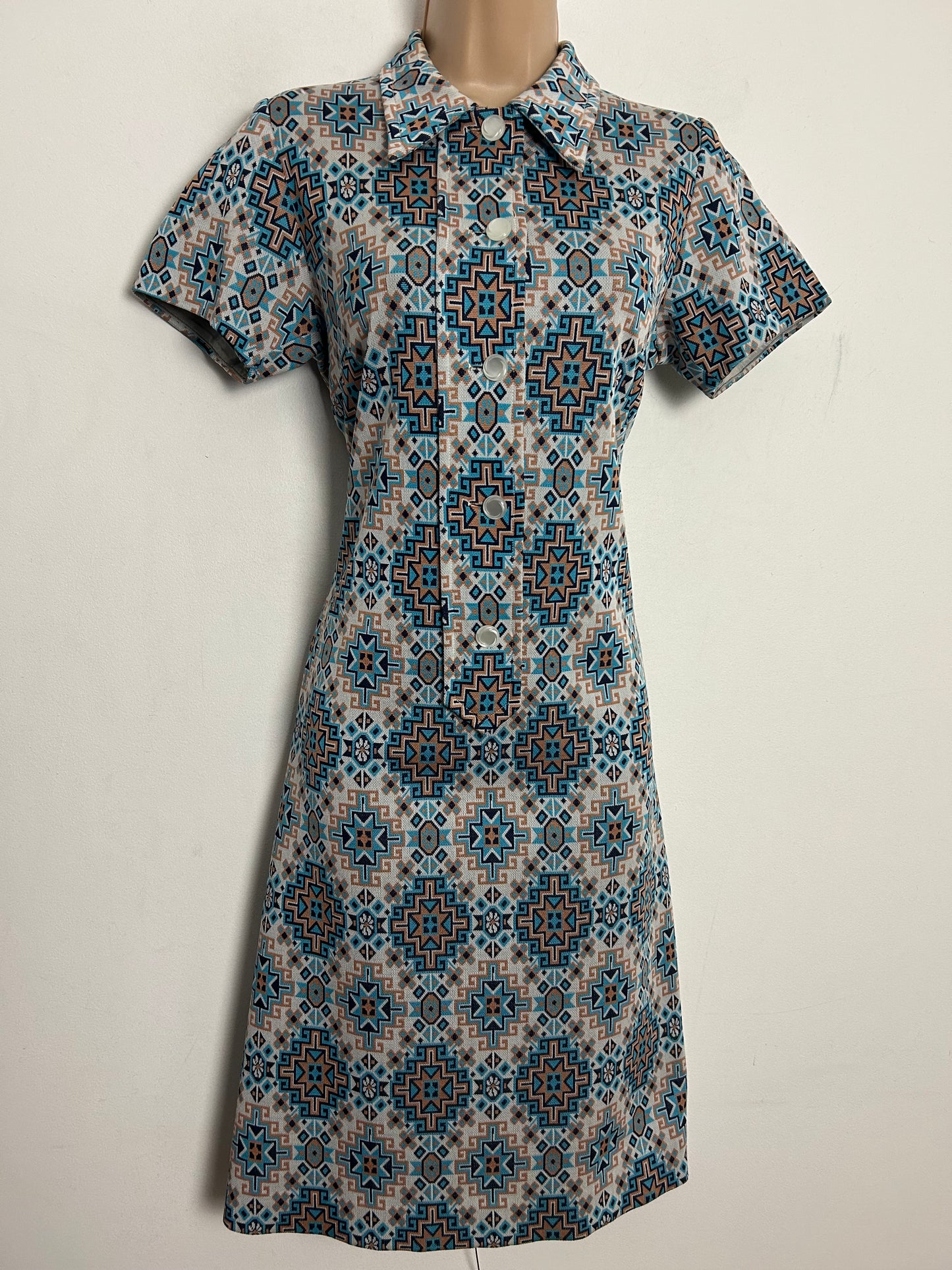 Vintage 1960s UK Size 10 Off White Blue & Sandy Beige Abstract Geo Print Mod Shift Dress