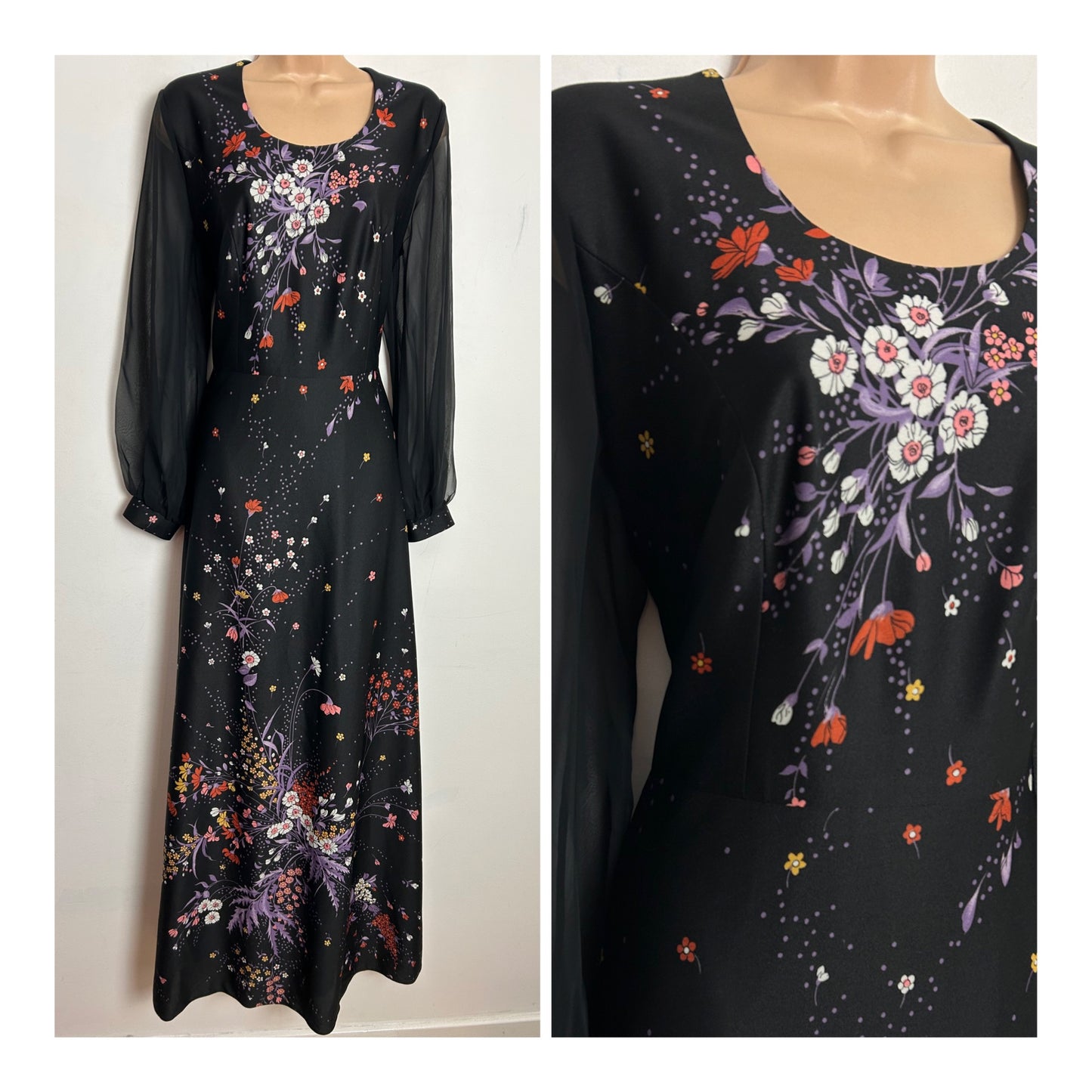 Vintage 1970s UK Size 14 Black Orange Mauve & White Floral Print Long Chiffon Sleeve Maxi Dress