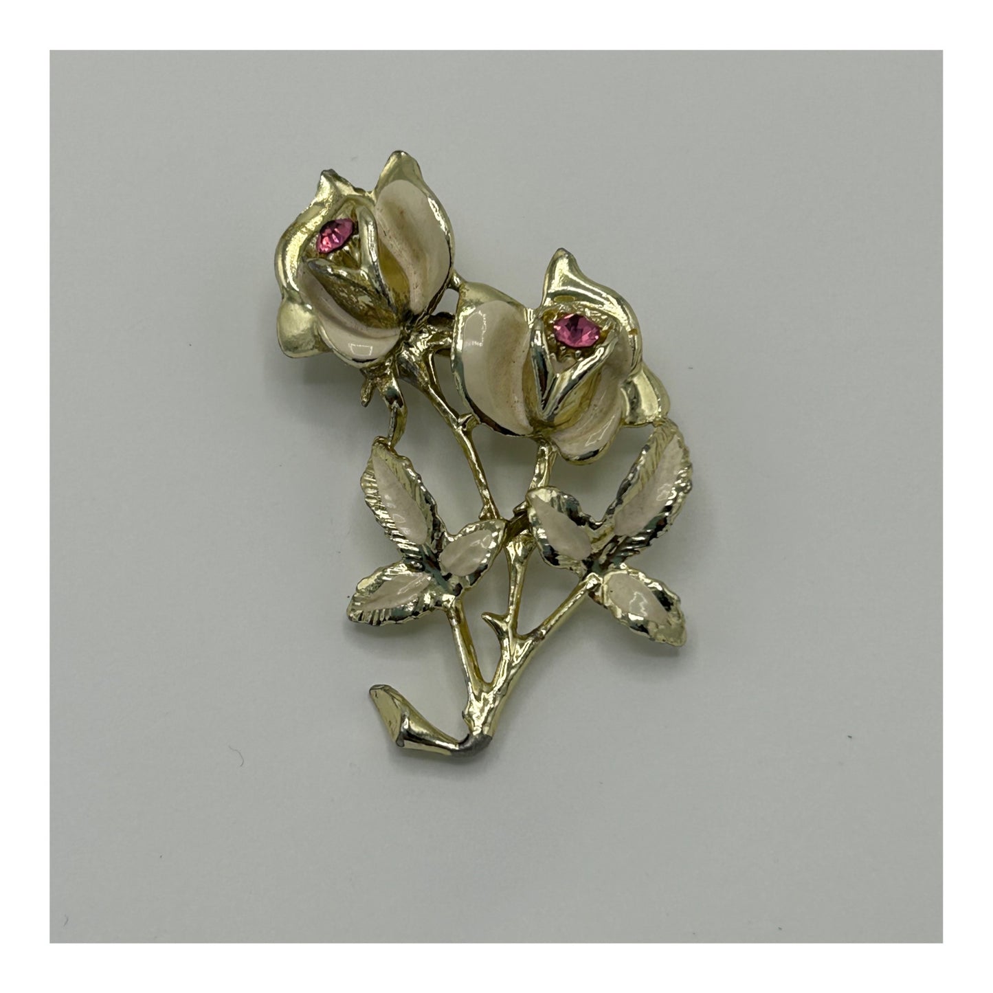 Vintage Gold Tone & Cream Enamel Pink Diamante Stone Set Flower Set Pin Brooch