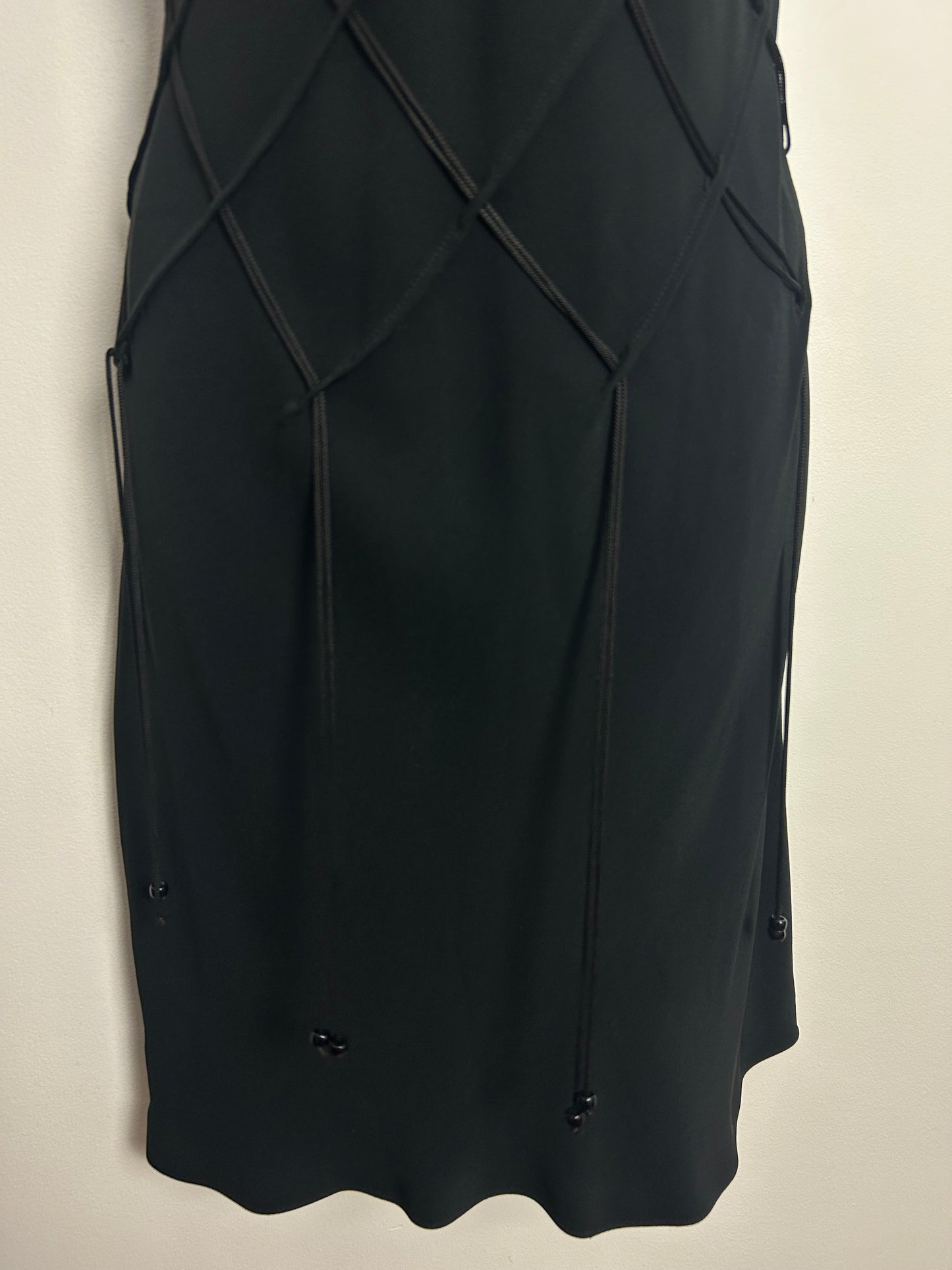 Vintage Late 1990s MOSCHINO CHEAP & CHIC Size 10 Black Lattice String Detail Little Black Dress & Matching Jacket Suit