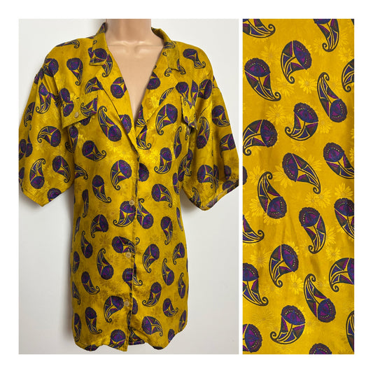 Vintage Late 1980s Size 12-14 Mustard Yellow Purple & Blue Paisley Print Short Sleeve Oversized Shirt