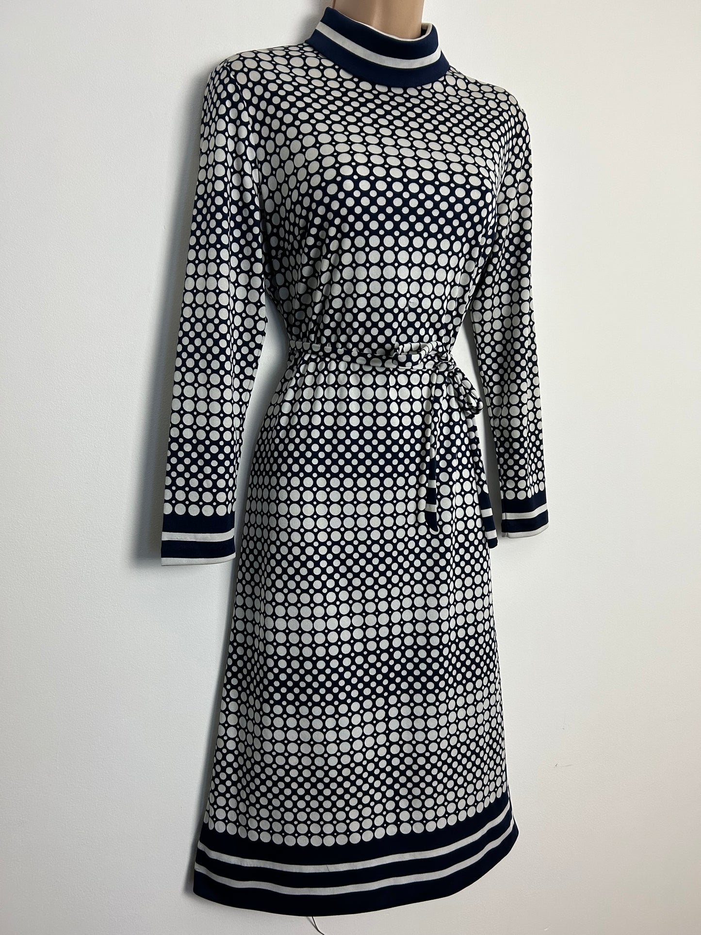 vintage Late 1960s JAEGER UK Size 12 Navy Blue & White Spot Print Long Sleeve Belted Dress