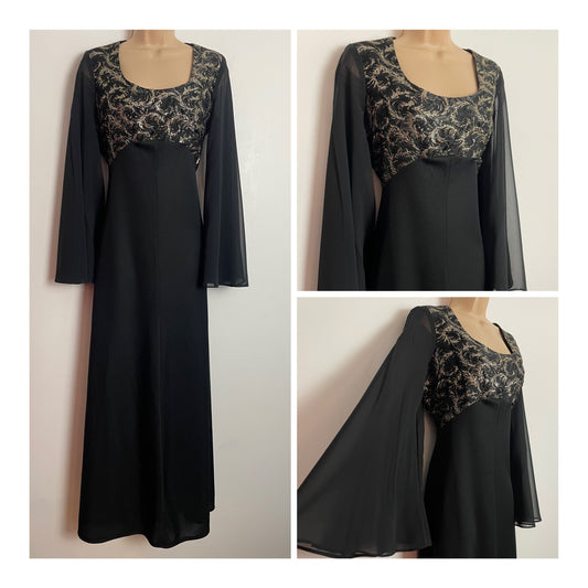 Vintage 1970s UK Size 8 Black & Metallic Gold Flared Sleeve Xmas Party Occasion Evening Maxi Dress