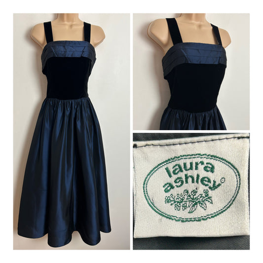 Vintage 1980s LAURA ASHLEY UK Size 10-12 ( Size 16 On Label) Midnight Blue & Black Party Dress