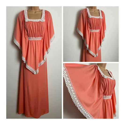 Vintage 1970s Size 12 Coral & White Lace Trim Angel Sleeve Summer Occasion Maxi Dress