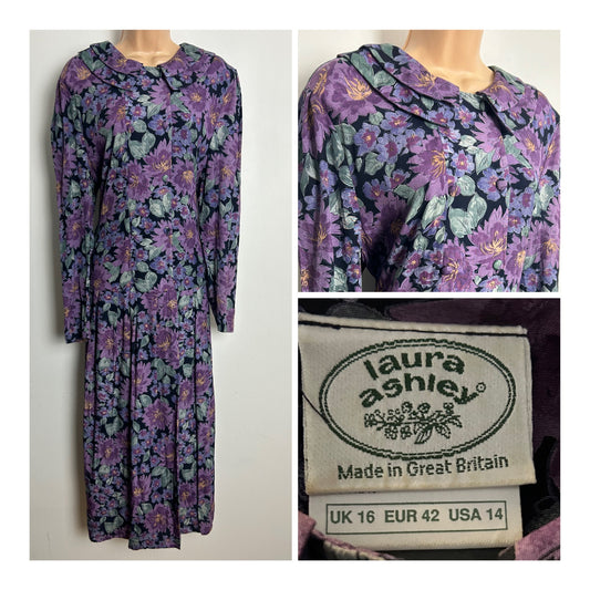 Vintage 1980s LAURA ASHLEY Size 14 (16 On Label) Black & Purple Floral Print Drop Waist Maxi Day Dress