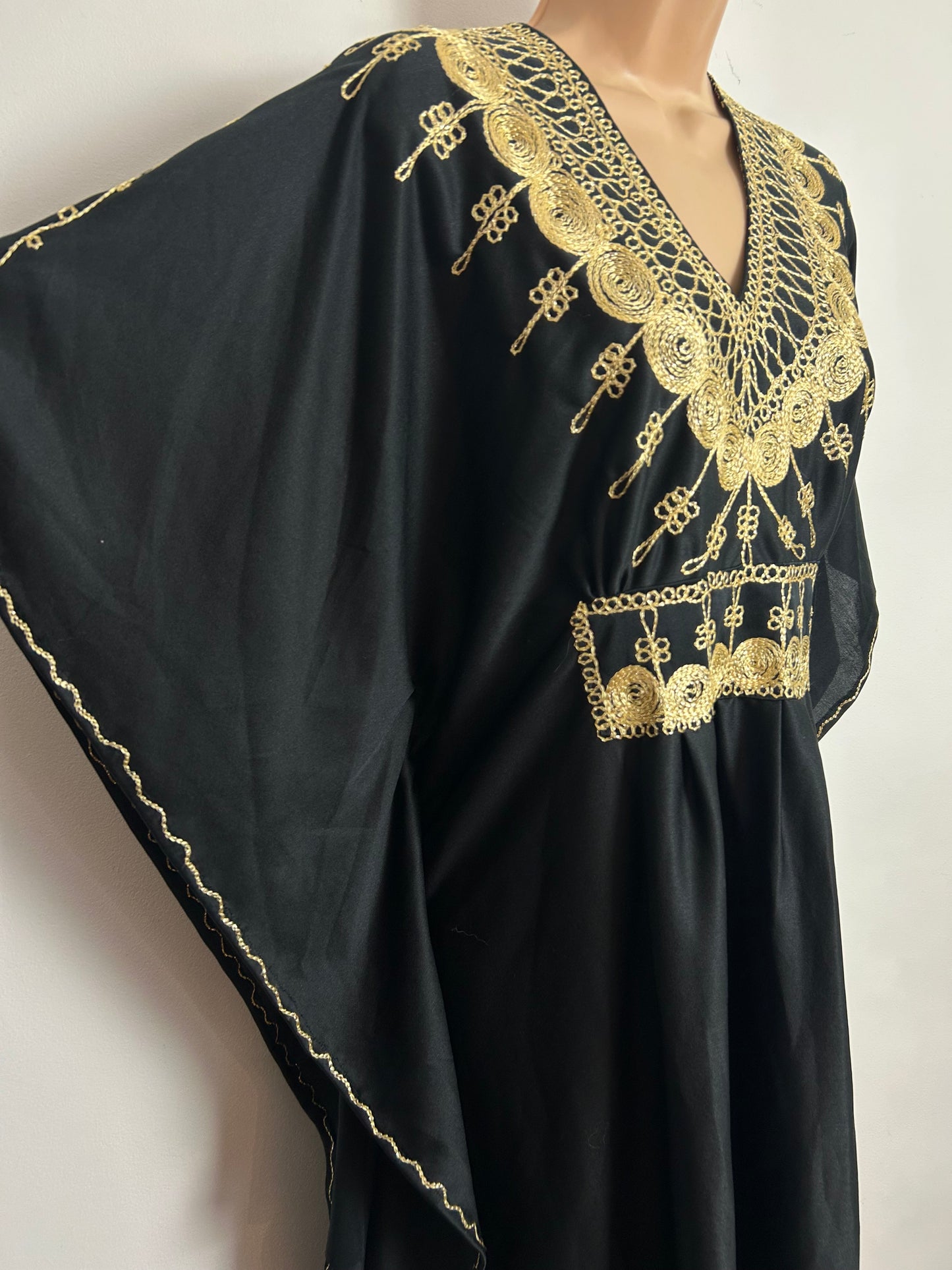 Vintage 1980s Up To Size 18 Black & Gold Embroidered Detail Maxi Length Kaftan