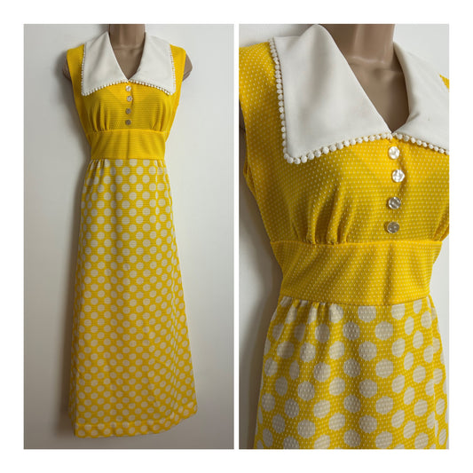 Vintage 197s UK Size 8-10 Canary Yellow & White Polka Dot Spotty Wide Collared Maxi Dress
