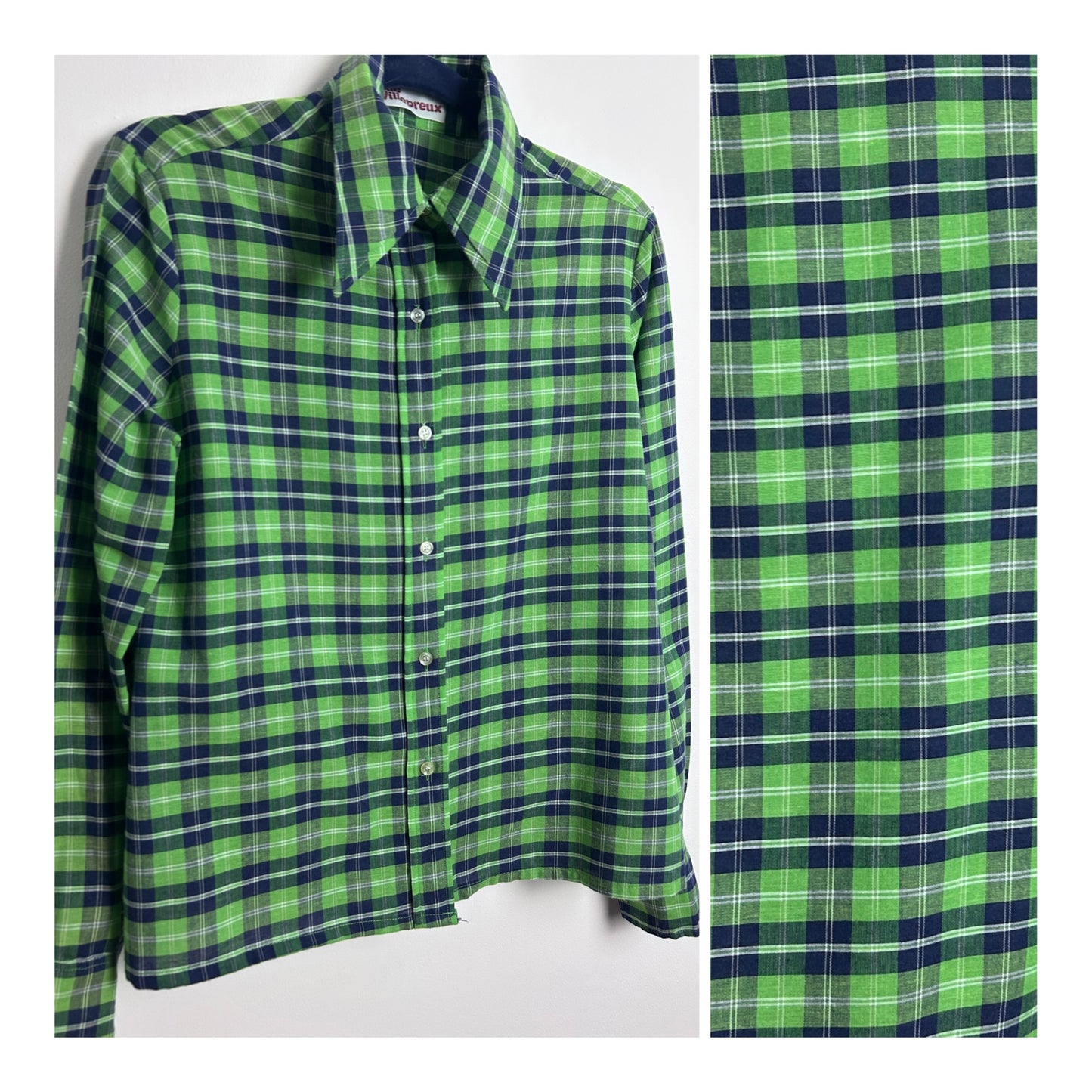 Vintage 1970s JANE VILLEPREUX Size 12-14 Green & Navy Blue Check Print Cotton Mix Long Sleeve Shirt