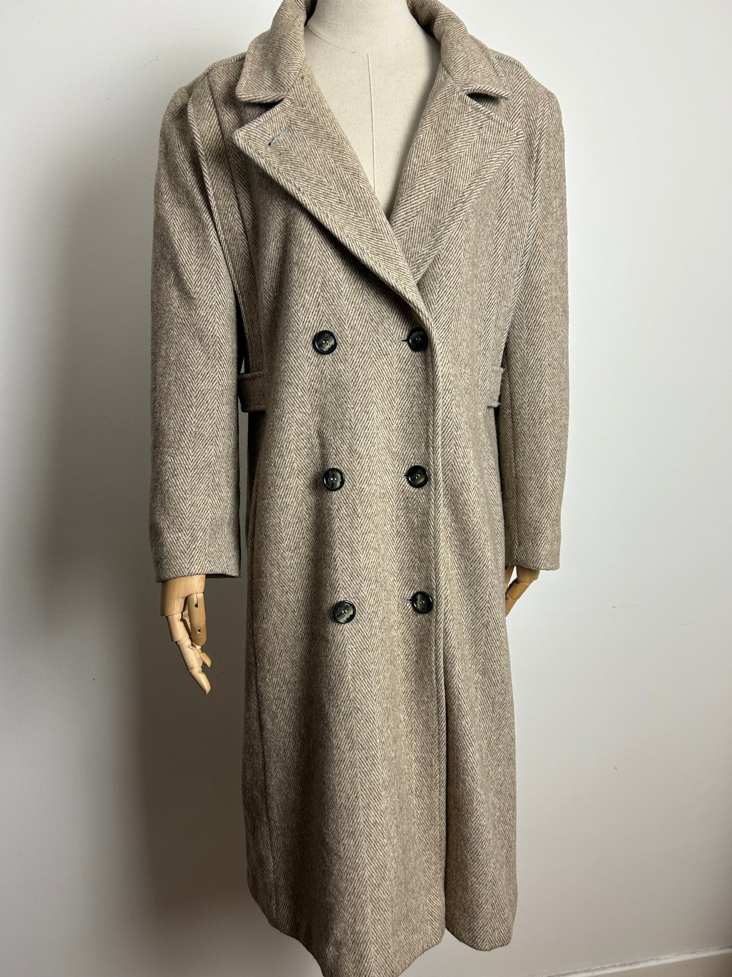 Vintage Early 1980s NOBLE FASHIONS UK Size 12-14 Beige Herringbone Pure New Wool Double Breasted Winter Coat