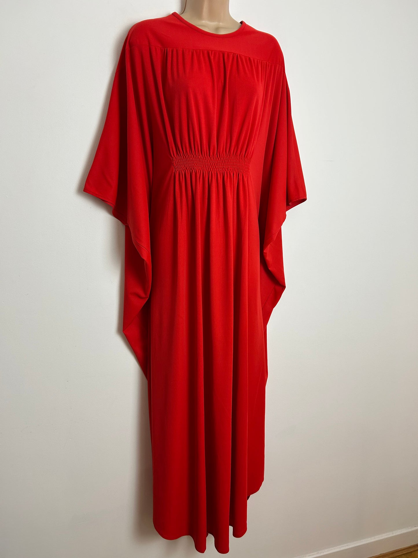 Vintage 1970s EVANS One Size Red Shirred Waist Detail Wide Sleeve Kaftan Maxi Dress