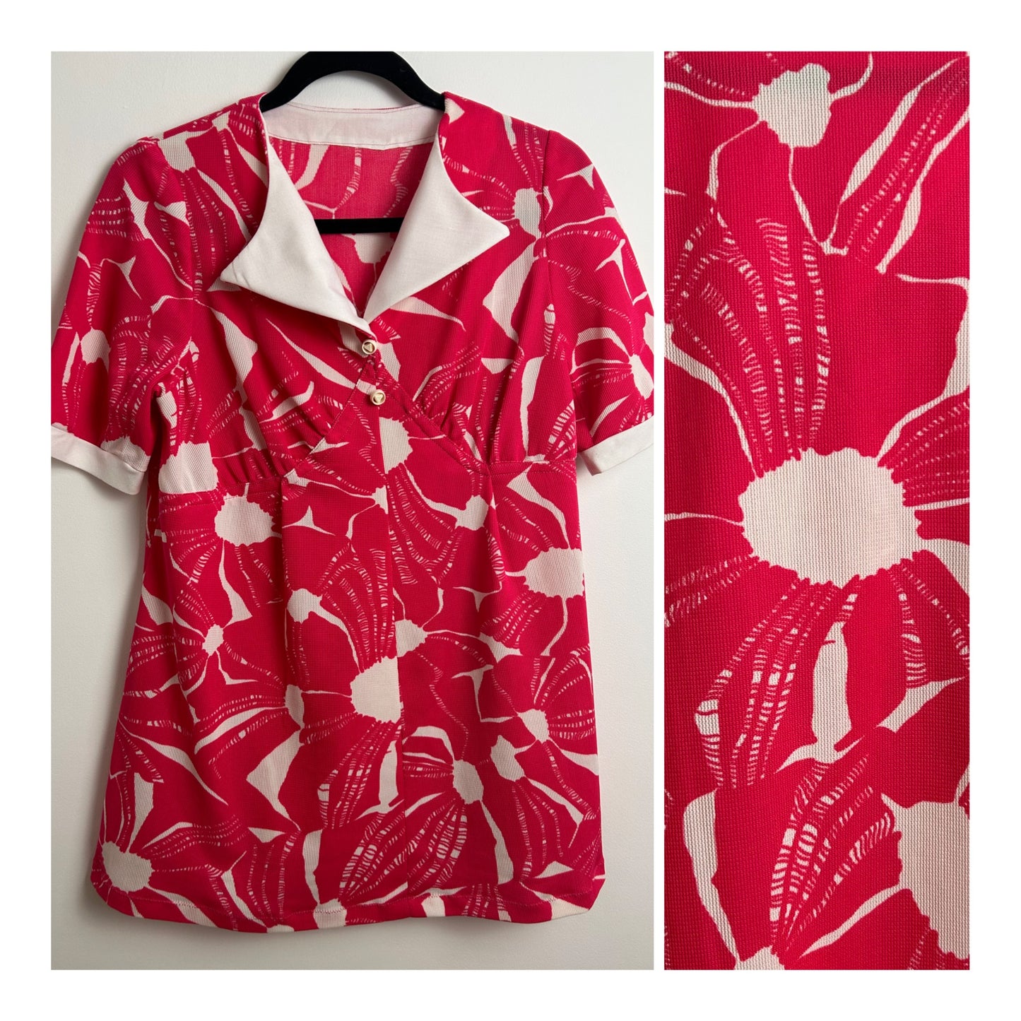 Vintage 1970s Size 12 Hot Pink & White Abstract print Collared Short Sleeve Tunic Style Top