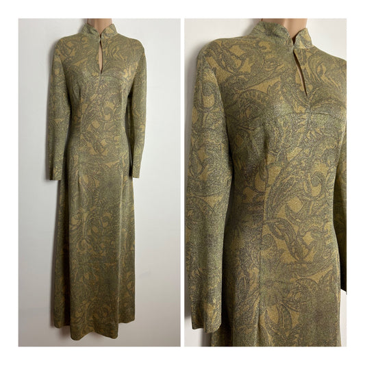 Vintage 1970s TRICOSA PARIS UK Size 14 Pale Gold & Grey Nouveau Floral Print Lurex Long Sleeve Maxi Dress