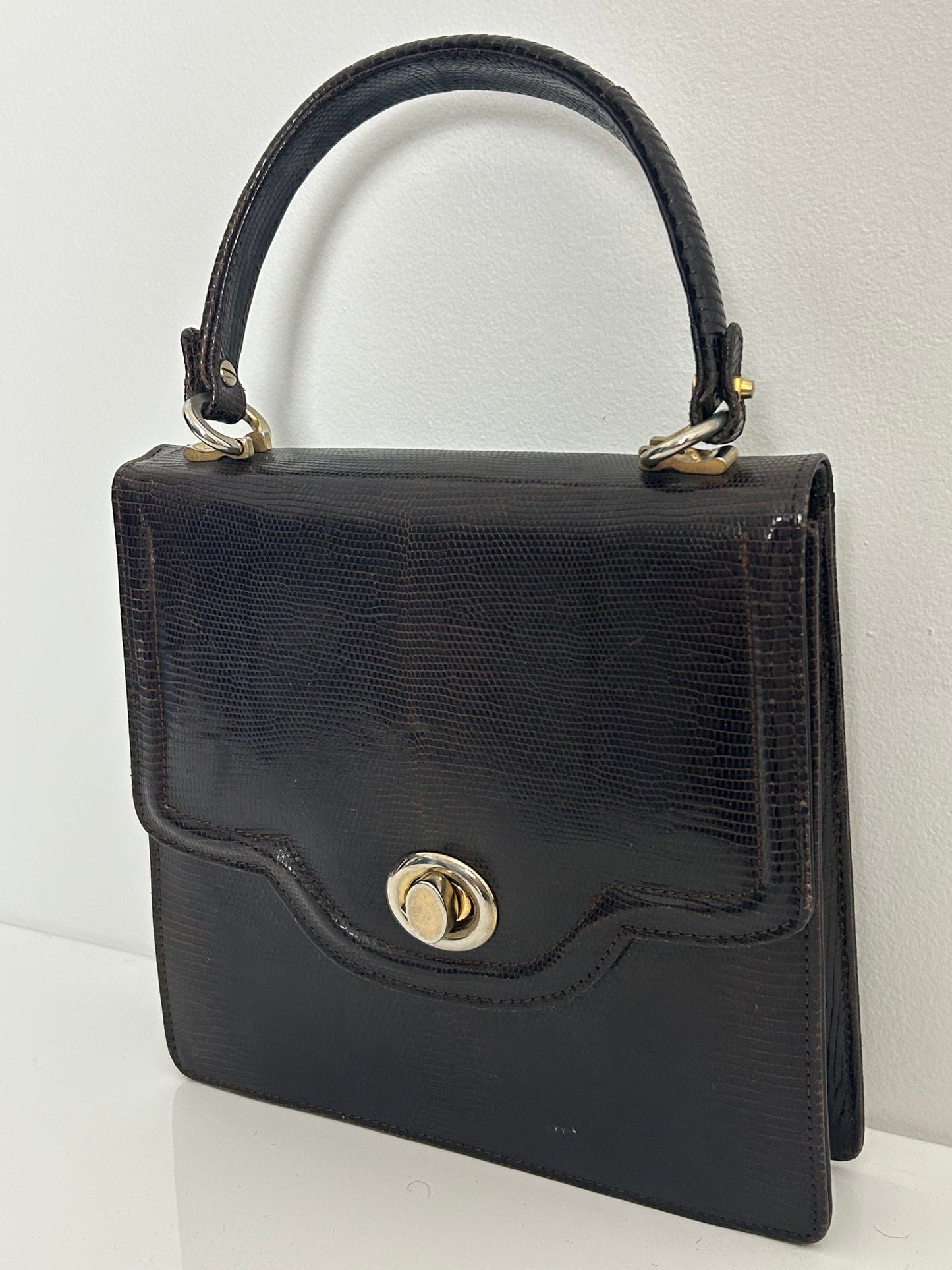 Vintage 1960s Dark Brown Leather Grab Handle Kelly Style Handbag