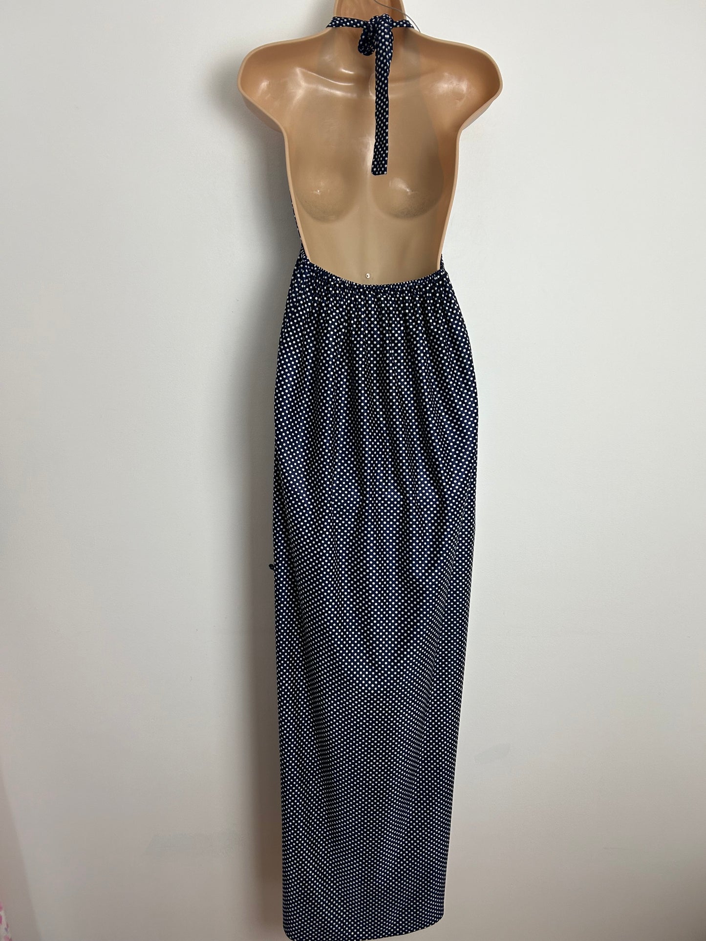 Vintage 1970s UK Size 8 Navy Blue & White Polka Dot Print Halterneck Summer Maxi Dress