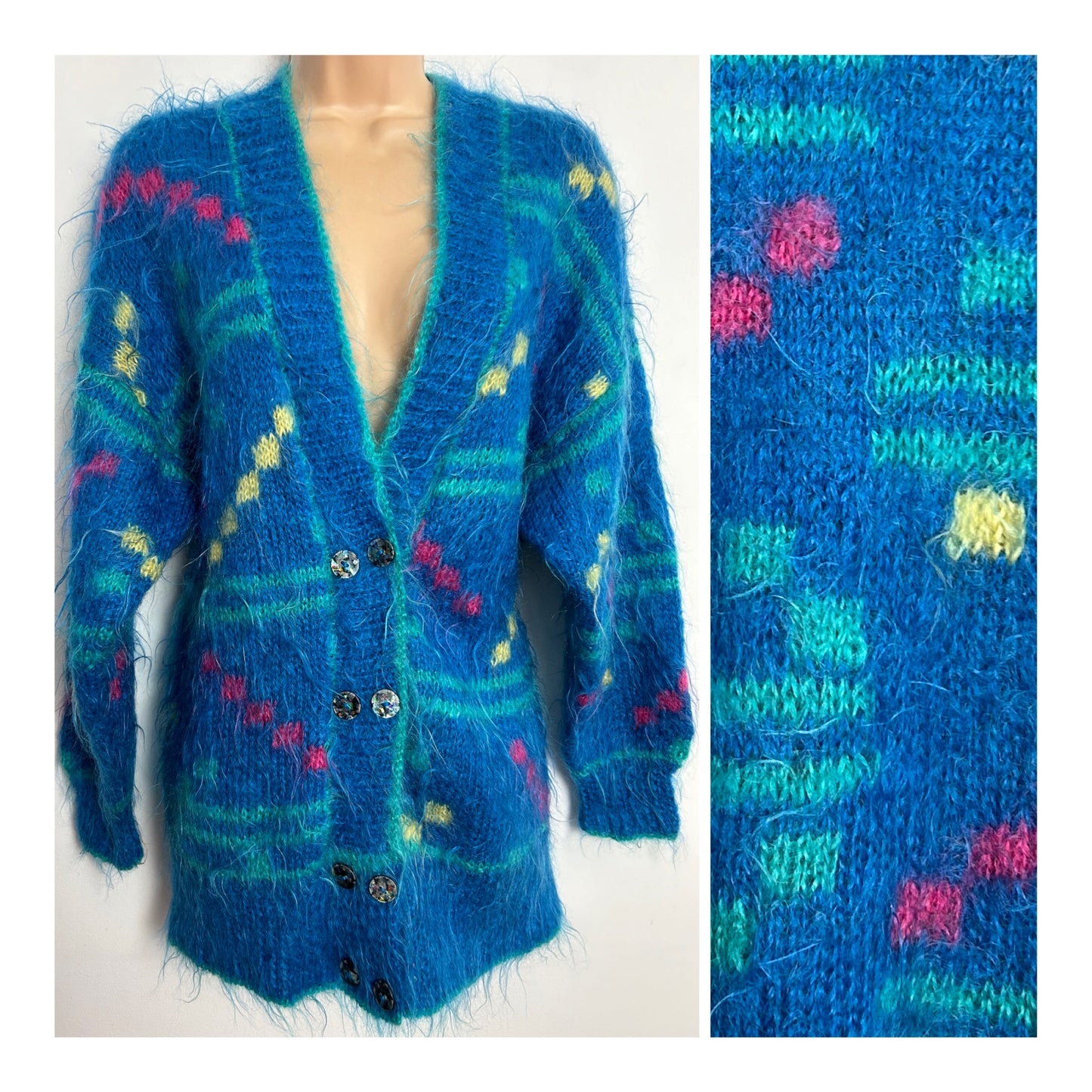 Vintage 1980s One Size Up To 14/16 Peacock Blue Pink & Green Abstract Pattern Mohair Mix Cardigan