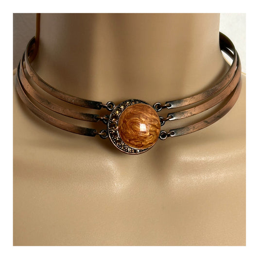 Vintage 90s Bronze Colour Base Metal Enamel & Diamante Set Choker Necklace